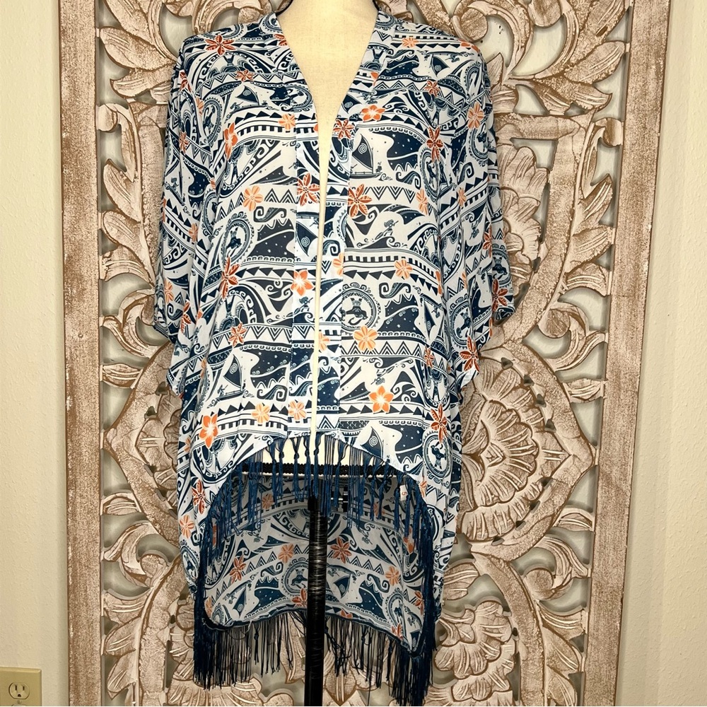 EUC Disney Moana Blue Patterned Kimono with Fringe Sz LG - Picture 3 of 8
